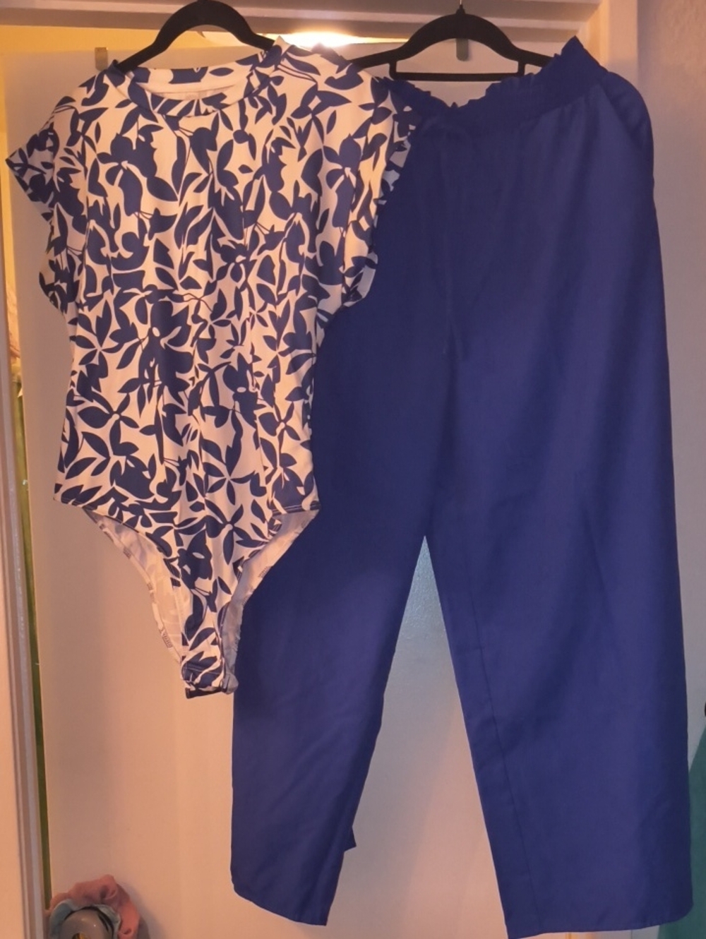 Blue Leaf Print Bodysuit & Royal Blue Pants Set